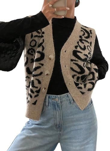 GORGLITTER Veste en tricot pour femme sans manches avec motif léopard, cardigan court avec boutons, col en V, veste d'automne décontractée, veste en tricot, pull, pull sans manches, Effet léopard, S