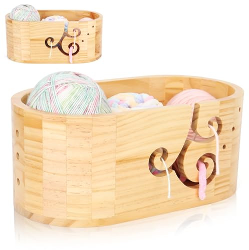 Coopay Garnschale, oval, Holzgarnschalen zum Häkeln und Stricken, große Häkelwollhalter-Schüssel mit 3 Löchern, lockiges Design, handgefertigte Wollschalen zum Stricken von Garnknäueln, verhindert