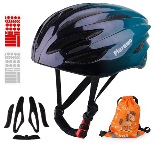 Plusawa Casco da bici per bambini, 50-60 cm, per 3-15 anni, guscio in PC leggero, imbottitura interna, casco multi-sport regolabile, per bambini e bambine (Blu, S)