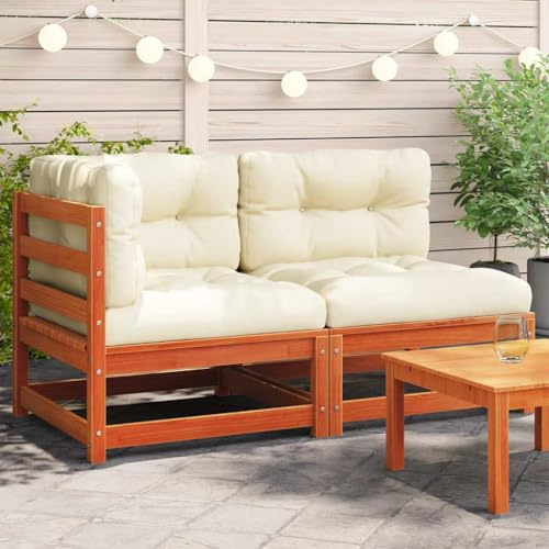 QJBSAVVA 2-Sitzer Gartensofa Massivholz Kiefer Wachsbraun mit Creme-Kissen 140x70x67 cm Modulares Design Bequeme Rückenlehne für Balkon Terrasse Lounge-Set