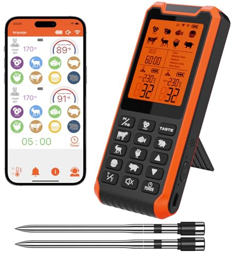 TASTYTI Smart Wireless Meat Thermometer with Dual Probes & APP Alerts, Bluetooth Grill Thermometer with 800ft, Digital Base, ±0.5℉Accuracy, LCD Backlit Screen for BBQ, Oven, Smoker, Kitchen Cooking