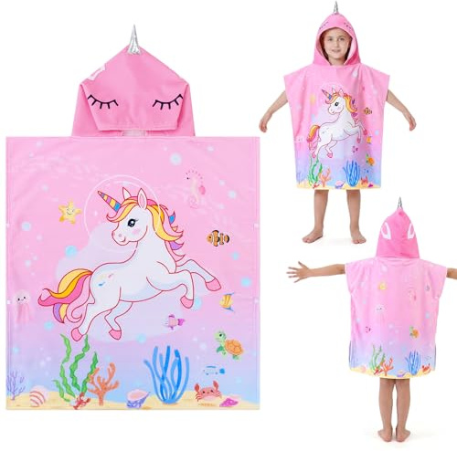 saerryor Pink Unicorn Kids Hooded Poncho Towels for 6-12 Years