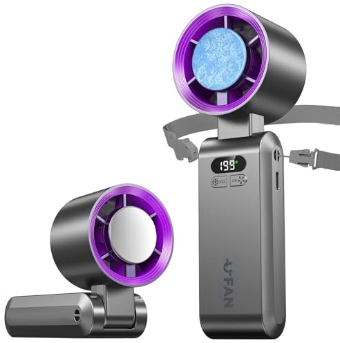 Alutoria Mini Ventilador de Mano, Función de refrigeración, Turbo Ajustable de 1-199 Velocidad, Pantalla LED, Ventilador de Cuello Pequeño Plegable USB para Camping,Viajes,Hogar,Oficina (Grey morado)