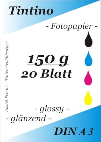 A3-20 Blatt Fotopapier Photopapier DIN - A 3-150g/qm - glossy glaenzend - sofort trocken - wasserfest - hochweiß - sehr hohe Farbbrillianz fuer InkJet Drucker Tintenstrahldrucker