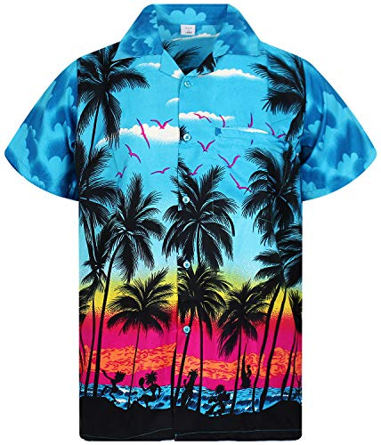 V.H.O. Läcker Hawaii-skjorta för män, kortärmad, framficka, Hawaii-tryck med strand, turkos, Strand turkos, 3XL