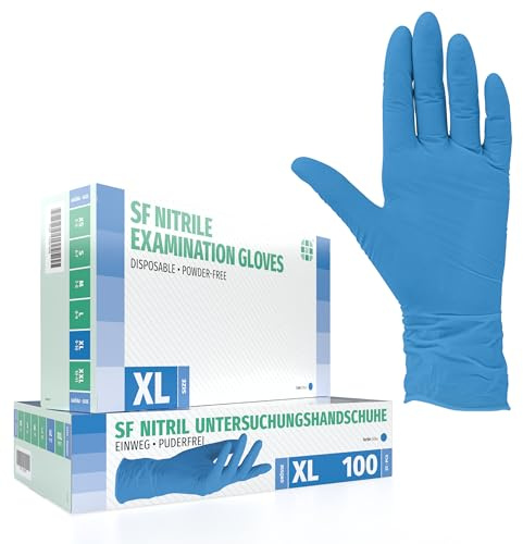 SF Nitrilhandschuhe XL Blau – 100 Stück Einweghandschuhe, latexfrei | Puderfreie Einmalhandschuhe für Tattoo, Werkstatt, Küche, Reinigung und Haushalt; vielseitig für Gewerbe und Alltag