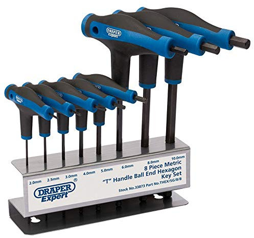 Draper 33873 Expert T Handle Hexagon and Ball End Key Set with Soft Grip, 8 Pieces , Blue