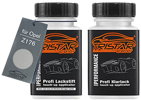 TRISTARcolor Autolack Lackstift für Opel Z176 Switchblade Silver Metal. +1K | Switchblade Silver Metallic, Set aus Basislack + Klarlack, Lackfläschchen mit Pinsel, je 50ml