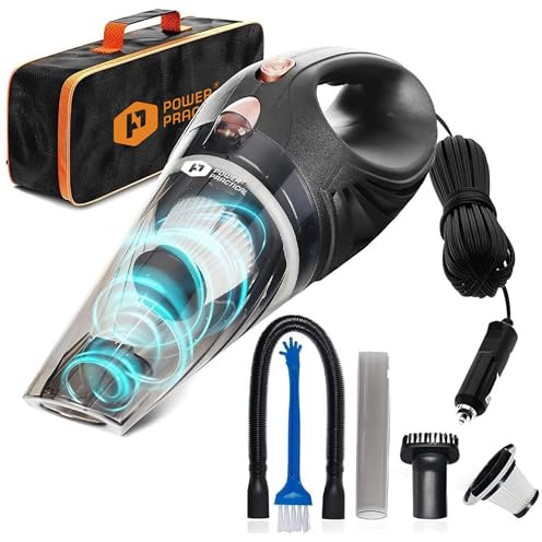 ThisWorx Car Vacuum Cleaner - Portable, Lightweight, Powerful, Handheld Vacuums w/Strong Suction, 3 Attachment Accessories, Carry Case - 12V, 4.8m Cord - Car Cleaning Kit