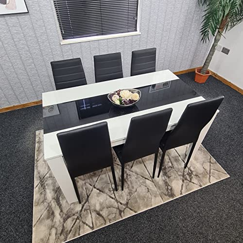 Kosy Koala Modern High Gloss Wood Dining Table Dining and 6 Black Faux Leather Chairs, White/Black