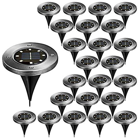 Cepewa Wegleuchte Solar 24er Set mit Erdspieß Gartenleuchte aus Edelstahl mit 8 LEDs Ø 12 cm (1 x 24er Set Wegeleuchte 8 LEDs)
