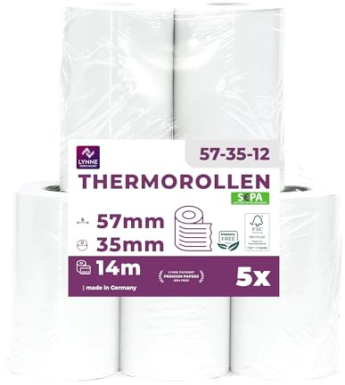 Ec-Cash Thermorollen 57mm x 14m x 12mm - Kassenrollen - Thermopapier - Bonrollen für Bankomat - Kredit-Kartenlesegeräte (57x35x12) – mit SEPA-Lastschrifttext (5 Rollen)