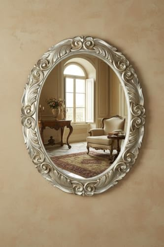 MO.WA Wandspiegel Spiegel 68 x 88 Blattsilber Oval Barock Schlafzimmerspiegel Antik Silber Holzspiegel Klassisch Rahmen versilbert Wohnzimmer Schlafzimmer