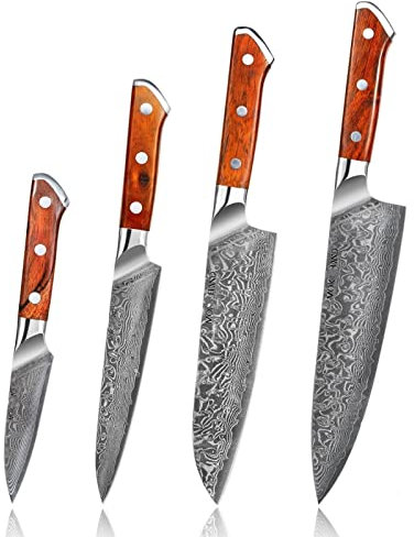 WERWER Damasco Santoku Cuchillo Chef Cuchillo 67 Capas Cuchillos de Cocina Forjado Profesional for Carne Pescado Vegetal ébano Madera Mango (Color : 4PCS Set)