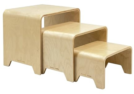 Damoch Family® Montessori 3-in-1 Kids Stool Set – Bentwood Toddler Table & Chairs, Stackable Nesting Stools for Playroom, Kitchen, Bathroom, Kindergarten (S/M/L) - Eco-Friendly & Space-Saving