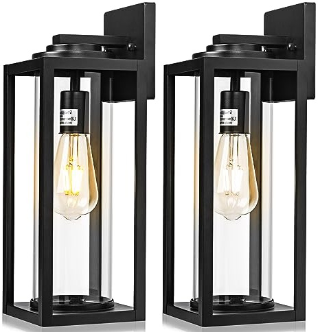 FILIYANO 16inch Large Outdoor Wall Lights - 2 Packs Modern Black Exterior Light Fixture with Clear Glass Shade, Waterproof Porch Lighting for House, Farmhouse Sconces Lantern for Front Door, Garage
