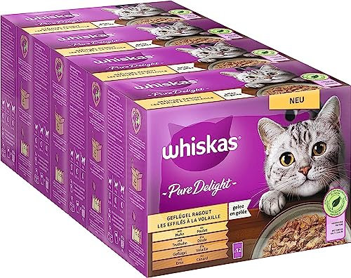 Whiskas Adult 1+ Katzenfutter Pure Delight Geflügel Auswahl in Gelee, 4x12x85g (4 Packungen) – Hochwertiges Nassfutter für ausgewachsene Katzen in 48 Portionsbeuteln
