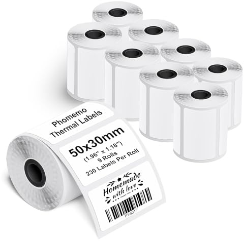 Phomemo 9 Rollen Selbstklebende Etiketten für M110/M220, 50x30mm, 2070 PCS | Phomemo Selbstklebende Thermodirekt Etiketten für Schule, Heim, Büro, Einzelhandel, für M110/M220/M221/M108/M250/M120, Weiß