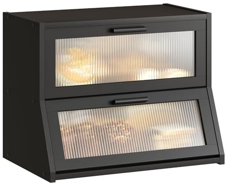 GHWIE Panera de bambú de doble capa para encimera de cocina, contenedor de almacenamiento de pan de gran capacidad, contenedor de pan con panel de puerta ondulado acrílico, color negro
