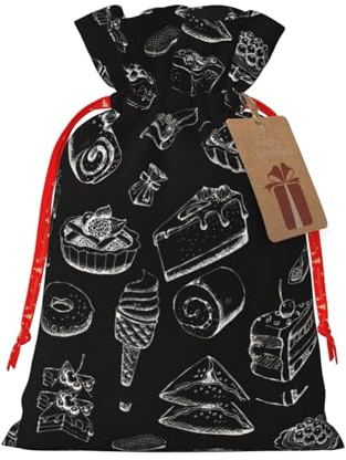 WURTON Weihnachts-Geschenktüten mit Kordelzug, Gebäck auf Kreidetafel, Weihnachtsverpackungstüten, Großpackung für alle Arten von Geschenkverpackungen