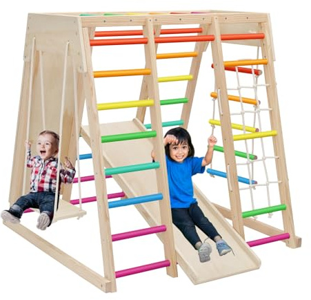 EDOSTORY 7 in 1 Pikler Indoor Playground Jungle Gym Playset, Wooden Montessori Climber with Slide, Rock Climb Wall, Monkey Bars, Rope Ladder, Climbing Rope and Swing for Kids（Rainbow）