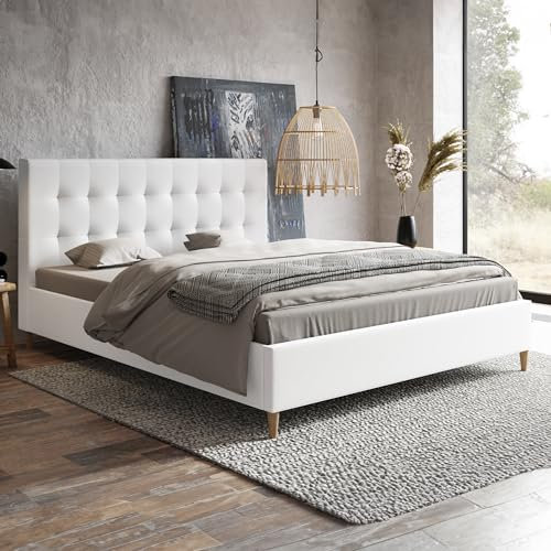 MOTIVENA Flora Polsterbett 180x200 mit Füßen, Bett 180x200 mit lattenrost, Polsterbett 180x200 ohne Bettkasten, Polsterbett 180x200 Kunsteder, mit Kopfteil, ohne Matratze, Weiß (Weiss)