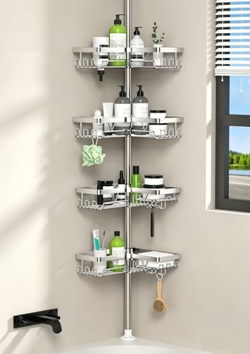 KEGII Telescopic Shower Caddy Corner Shower Shelf Organiser, Silver | 4-Tier Storage Rack, 63.5-290cm Adjustable, Stainless Steel, Side Hooks/Soap Holder/Razor Holder, for Bathroom, No Drilling