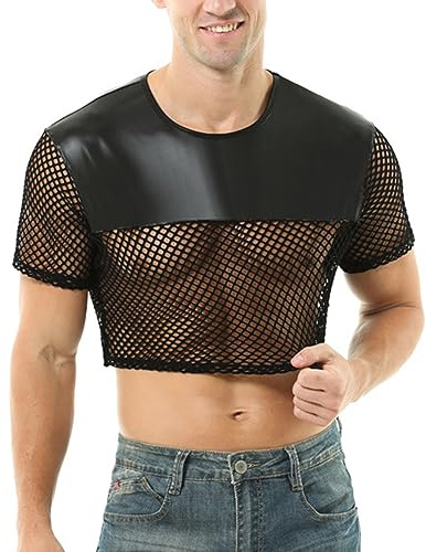 GENEMEN Mens Fishnet Shirts See Through Faux Leather Sexy Crop Tops Short Sleeve Mesh T Shirts (Black, M)