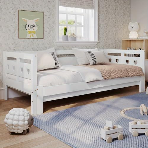 OCACA 90 * 190cm, Daybett Tagesbett, Ausziehbar Bett, Kiefer massiv, mit 2. Schlafgelegenheit und Rollrost Herzform Bett Weiß