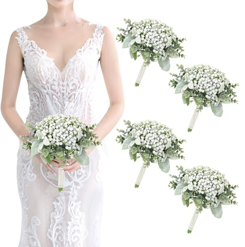 SEMONONIA Artificial Babys Breath Bridesmaids Bouquets Set of 4-7 Inch White Fake Gypsophila Bouquet for Bridesmaid, Real Touch Small Bouquet for Bridesmaids Wedding Bridal Shower Centerpieces