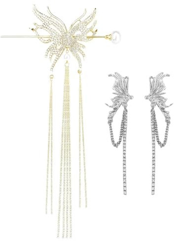 TPZORJX 1 Stück 3D Schmetterling Quaste Haarstab Gold Haarstäbchen Vintage Strass Perle Haarnadel Glänzend Haar Stick Für Damen Und Frauen(Mit einem Paar Ohrringe)