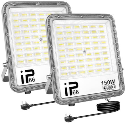 AUXTINGS 2 Pcs 150W Focos LED Exterior con Enchufe, IP66 Impermeable Foco Proyector LED 6000K Blanco Frío Floodlight 15000lm Iluminación de Seguridad para Casa, Garaje, Patio, Terraza, Campo