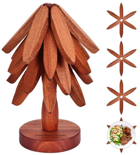 Yuejihuisimple Untersetzer Baum Set - 4 Stück Untersetzer Holz mit Ständer, Weihnachtsbaum Topfuntersetzer Set, Faltbare Holzuntersetzer für Heiße Gerichte, Pfannen und Teekannen