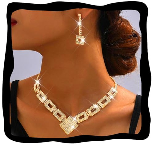 Fashband Kristall-Braut-Hochzeitsschmuck-Set, silberne Strasssteine, Halskette und Ohrringe, formeller Modeschmuck für Frauen und Bräute (G-2, Einheitsgröße)