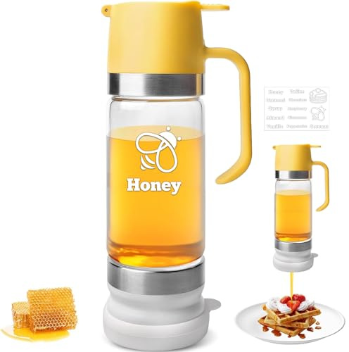 Honigspender Tropffrei Glas,350 ml Sirup Spender,10.65 Oz Tropfsicheres Honigglas mit Griff,Glas Honigpumpe Ideal für Honig Und Sirup, Sojasauce Andere Flüssigkei, Küchenzubehör,Spülmaschinengeignet