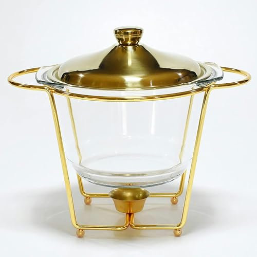 CWCQGH Chafing Dish, 4 QT Full Size Pan Chafer, Set di Chafing Dish in Acciaio Inossidabile con teglia in Vetro per Alimenti, Porta-combustibile, per Buffet, Matrimoni, FES,Gold