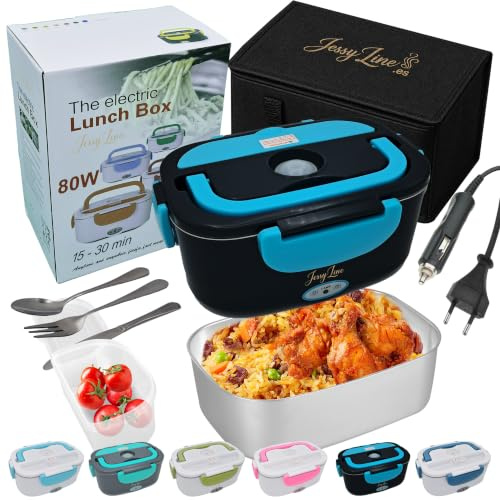 JessyLine Fiambrera eléctrica portátil profesional y elegante 80W 12V/24V/220V Multifunción coche camión oficina Calienta comida rápido Taper contenedor acero inoxidable 1,5L simple Negra y azul claro