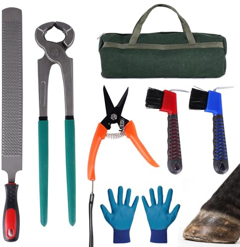 Epidioxi Kit de herramientas de herrador de caballos de 14 pulgadas, 7 piezas, pinzas de pezuña de acero al carbono, lima de escofina, recortadoras de pezuñas, 2 cepillos, bolsa de almacenamiento y