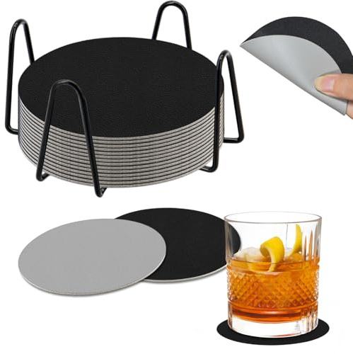 Yeria Untersetzer Gläser 14er Set Doppelseitige PU-Leder in Schwarz & Grau – Wasserdicht, rutschfest & Hitzebeständig mit Metallhalter für platzsparende Aufbewahrung (Schwarz/Grau - Rund)