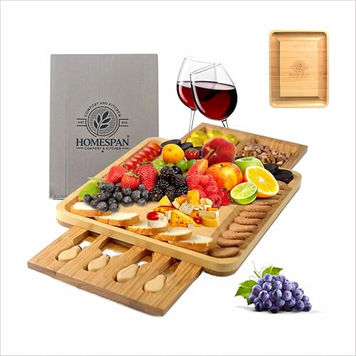 Bamboo Cheese board set with stainless steel utensils Large Charcuterie Boards with slide out drawer serving tray, cheese board and utensils set ideal for birthdays, wedding gifts and housewarming