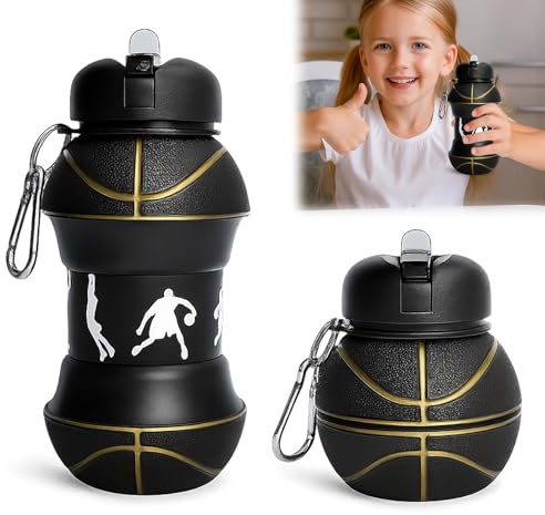 Huybaa Bouteille d'Eau Pliable en Forme de Basketball - Gourde Personnalisable pour Enfants sans BPA - Cadeau Original pour Sport et Voyage (Noir, 550ml)