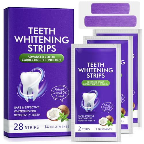 Strisce sbiancanti viola, confezione da 28 pezzi per sbiancamento dei denti per 14 trattamenti, risultati rapidi 30 minuti, formula resistente, sicuro e antiscivolo per tutti