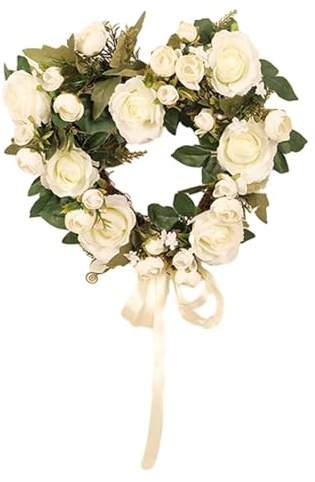 Ghirlanda a forma di cuore, per porta d'ingresso, per esterni, San Valentino, per portico, vacanze, porta, colore bianco