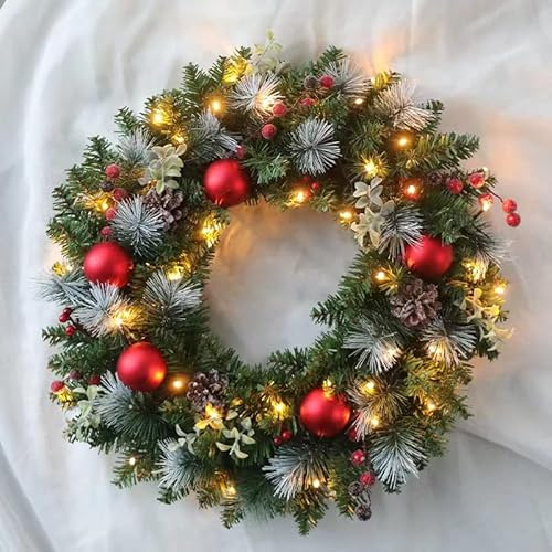 JIAJIAYI 45CM Christmas Wreath,18 Inch Pre-lit Christmas Ornament,Artificial Pine Garland with Lights for Xmas Decorations Front Door