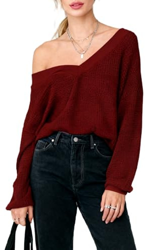 Pullover Damen Langarm V Ausschnitt Schulterfreies Waffle Strickpullover Herbst Winter Häkelpullover Shirt Pulli Oberteil