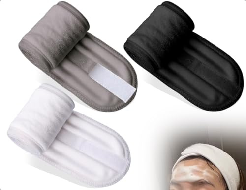 AOYEGIC 3 stycken kosmetika hårband, justerbart hårband för tillverkning, självhäftande pannband för smink för sport, smink, tvätta ansiktet (svart + vit + grå)