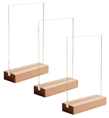 Changyeah 3 Stück Tischaufsteller A6, Transparent Preisschilder Aufsteller Acryl mit Holzfuß, Vertikaler L-Ständer Doppelseitig Tischständer für Menükarten Prospekte Werbung Restaurant Café Büro (A6)