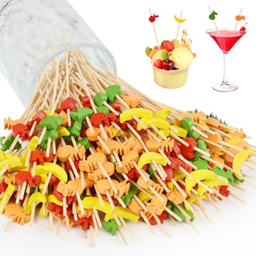 ANPUNAT 150 Counts Cocktail Picks Fruit Style Various and Colors 4.7in Food Toothpicks Wooden Toothpicks Appetizer Bamboo Stick Fruit Forks for Holiday Themed Party Supplies