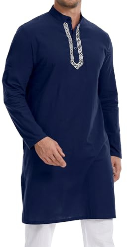 YAOHUOLE Kurta for Men Cotton Linen Long Sleeve Thobe with Pockets