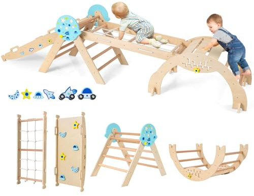COSTWAY Toddler Climbing Frame, Kids Wooden Climber Toys Set with Arch, Reversible Ramp, Indoor Montessori Play Gym for Boys Girls 3 Years Old+ (8 in 1 Spaceman-Themed, Natural)